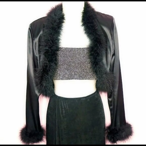 Vintage Black Satin Bolero, Satin with Maribou Feathers - 80s - Picture 2 of 12